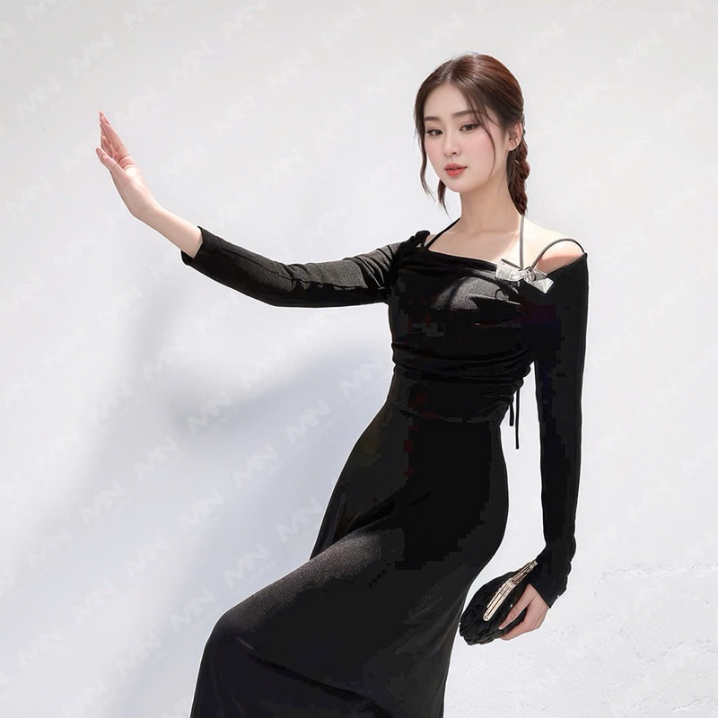 Ảnh Đầm dự tiệc Mina dài tay dáng ôm midi quyến rũ sang trọng chất Thun Lazong màu đen - MN257 2