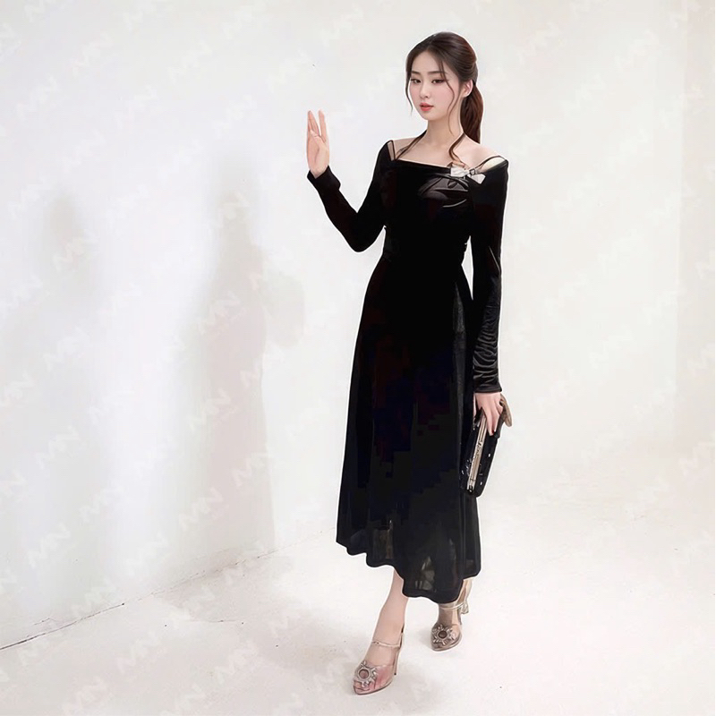 Ảnh Đầm dự tiệc Mina dài tay dáng ôm midi quyến rũ sang trọng chất Thun Lazong màu đen - MN257 3