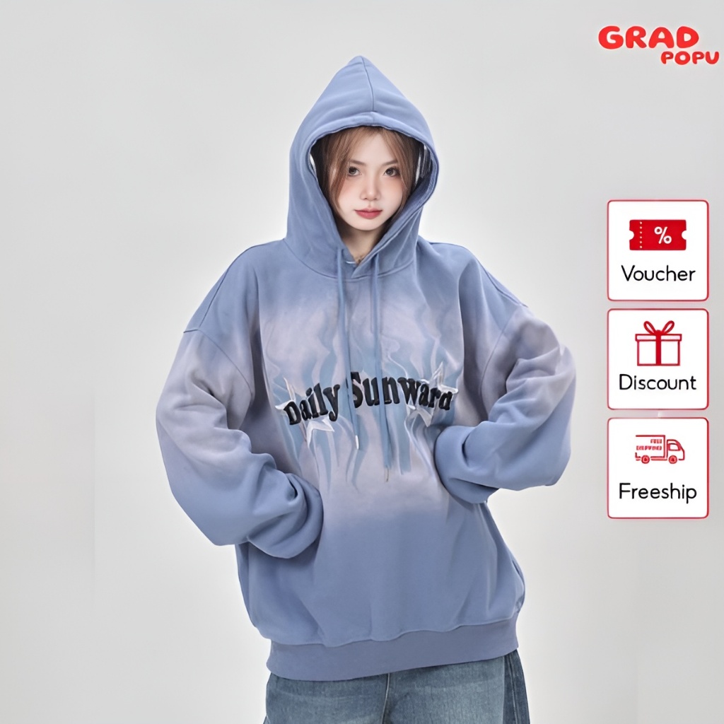 Áo hoodie nữ form rộng GRADPOPU PH31 vải nỉ dày dặn khoác ngoài có mũ trùm đầu phối màu bắt mắt