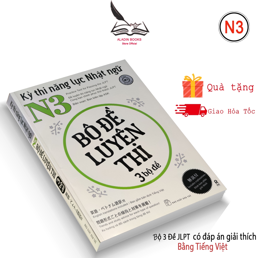 Sách-Bộ Đề Luyện Thi N3 - Kỳ Thi Năng Lực Nhật Ngữ (3 Bộ Đề)- Có Đáp Án Giải Thích Bằng Tiếng Việt