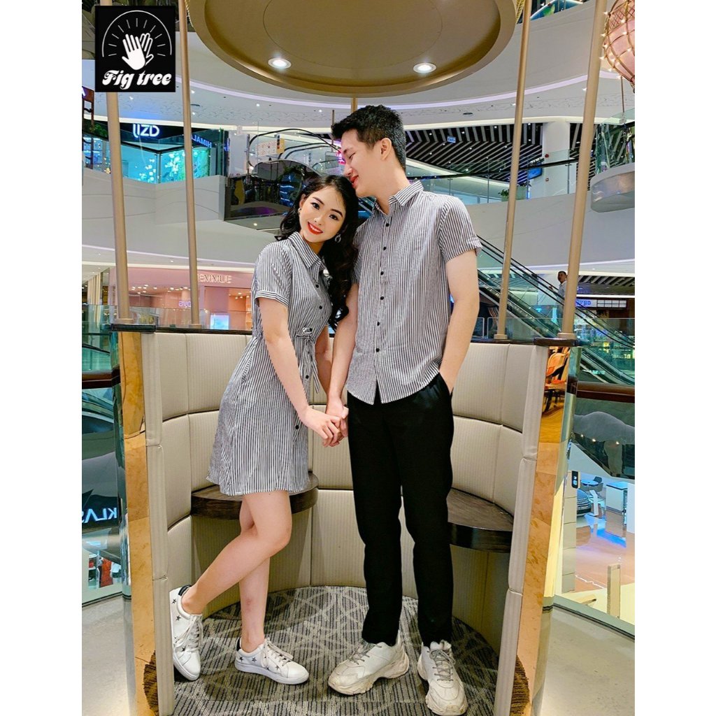 Set Sơ Mi Váy Đôi Fig Tree Sọc Đứng Trắng Đen Cho Couple Đi Chơi, Dạo Phố, Du Lịch, Có Size, Ms 159