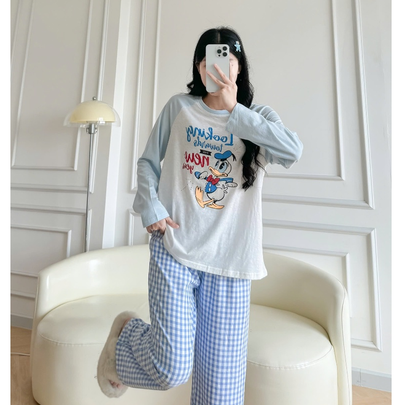 Sét Bộ Nữ dài tay Thu Đông JULY FASHION, Đồ bộ nữ mặc nhà, mặc ngủ quần dài, áo dài tay phối màu Ragan in hình Thun Xươt