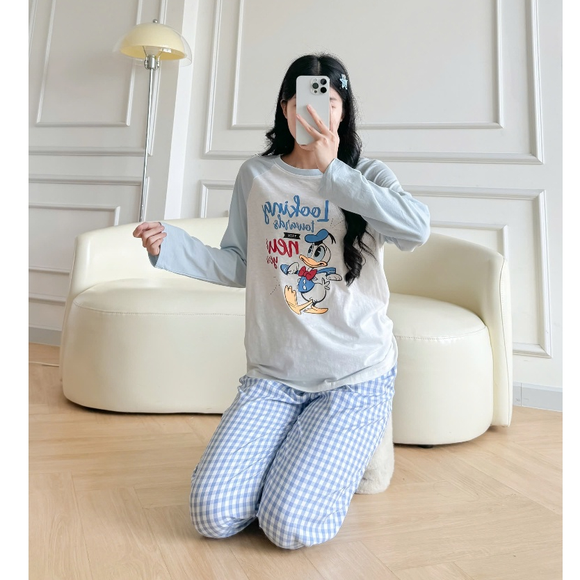 Sét Bộ Nữ dài tay Thu Đông JULY FASHION, Đồ bộ nữ mặc nhà, mặc ngủ quần dài, áo dài tay phối màu Ragan in hình Thun Xươt