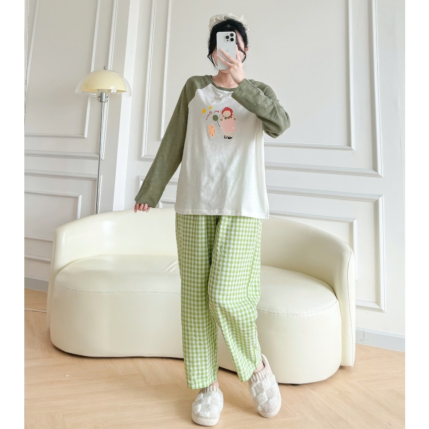 Sét Bộ Nữ dài tay Thu Đông JULY FASHION, Đồ bộ nữ mặc nhà, mặc ngủ quần dài, áo dài tay phối màu Ragan in hình Thun Xươt