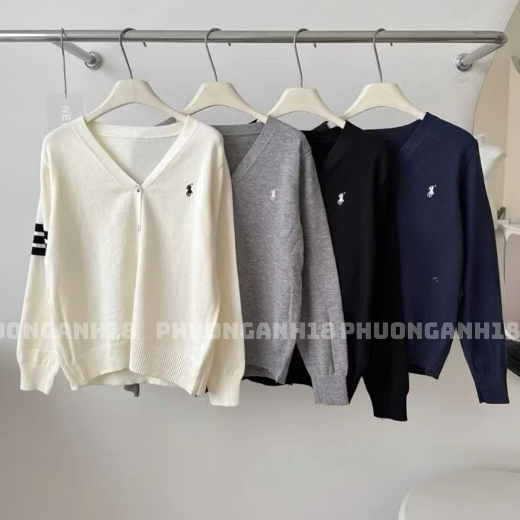 Áo  khoác len cardigan cổ tim thêu logo ngựa sọc tay hàng quảng châu