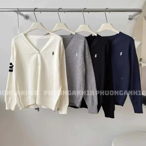 Áo khoác len cardigan cổ tim thêu logo ngựa sọc tay hàng quảng châu