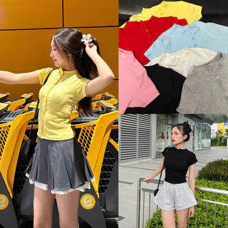 CANDY TOP - Áo Ôm Tay Ngắn Cổ Còn Cao Gài Full Nút Chất Cotton Mềm 4 Chiều Co Giản (2 SIZE)