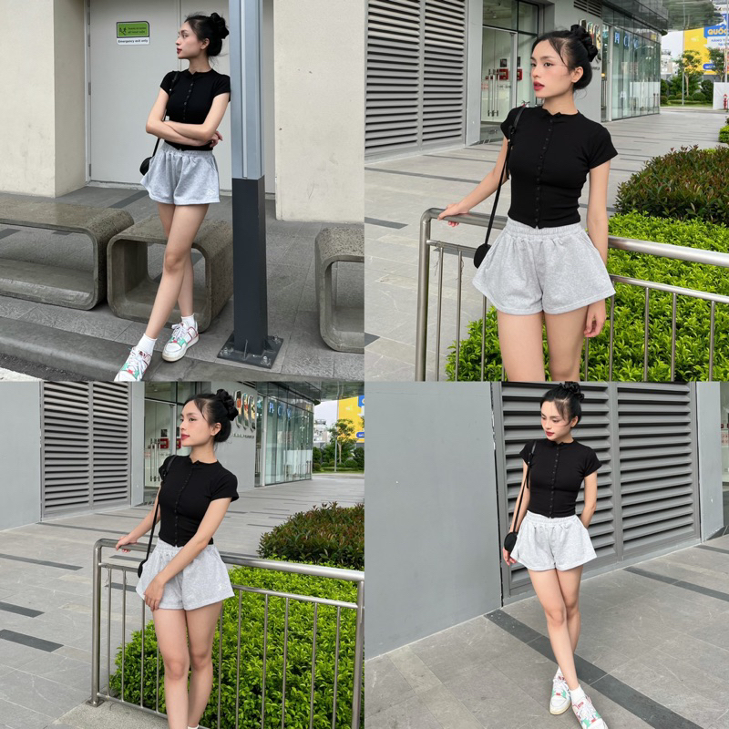 CANDY TOP - Áo Ôm Tay Ngắn Cổ Còn Cao Gài Full Nút Chất Cotton Mềm 4 Chiều Co Giản (2 SIZE) | BigBuy360 - bigbuy360.vn