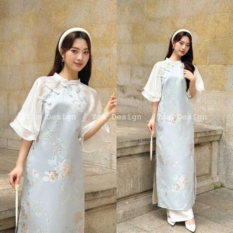Áo dài Thanh Điệp gấm tafta, áo dài cách tân gấm thêu hoa kèm quần,Áo dài nhiều màu sang chảnh cho các nàng áo dài tết