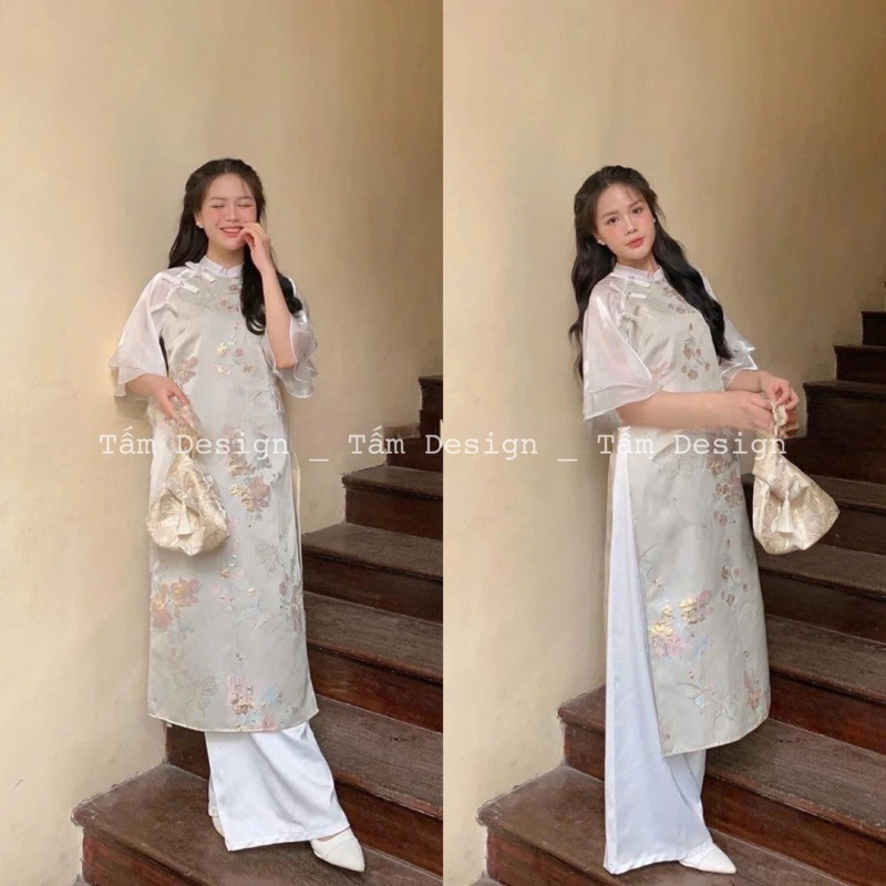 Áo dài Thanh Điệp gấm tafta, áo dài cách tân gấm thêu hoa kèm quần,Áo dài nhiều màu sang chảnh cho các nàng áo dài tết