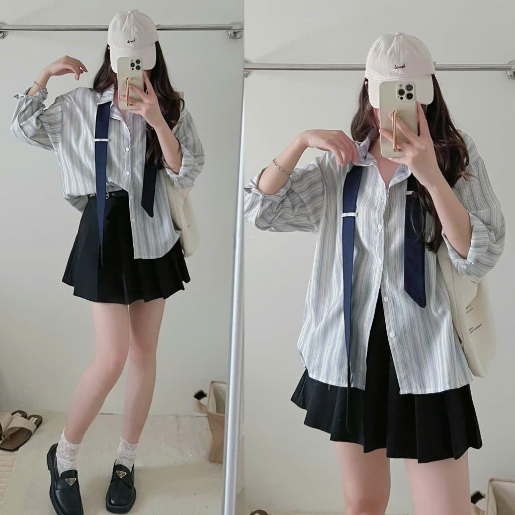 Áo Sơ Mi Nữ Kẻ Sọc Phong Cách Retro Đại Học Mỹ Kèm TẶNG Cà Vạt, Áo Sơ Mi Kẻ Sọc Form Rộng Dáng Unisex Chất Lanh Mịn | BigBuy360 - bigbuy360.vn