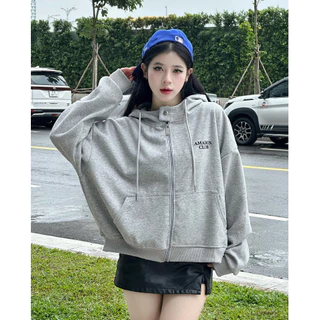 Áo khoác HOODIE ZIP BOXY NỈ 2 DA AMADUS nút bấm, dập nổi, in kim tuyến, có túi trong UNISEX NAM NỮ