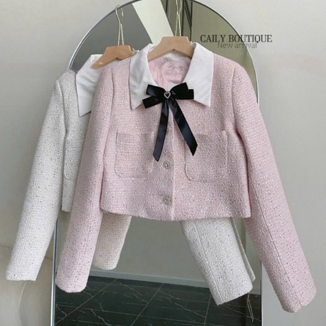 “July Top” Áo khoác dạ tweed kim sa blinh blinh pha cổ sơmi đính tag nơ tiểu thư sang chảnh | MIU.STUDIO
