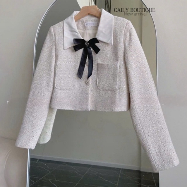 “July Top” Áo khoác dạ tweed kim sa blinh blinh pha cổ sơmi đính tag nơ tiểu thư sang chảnh | MIU.STUDIO