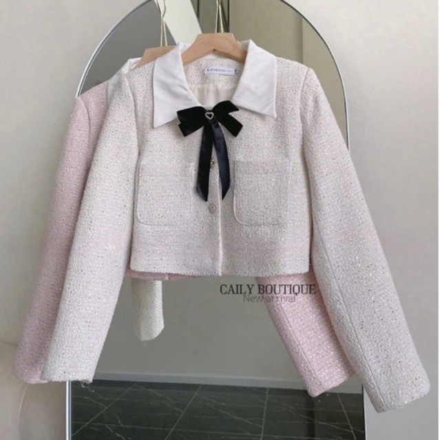 “July Top” Áo khoác dạ tweed kim sa blinh blinh pha cổ sơmi đính tag nơ tiểu thư sang chảnh | MIU.STUDIO