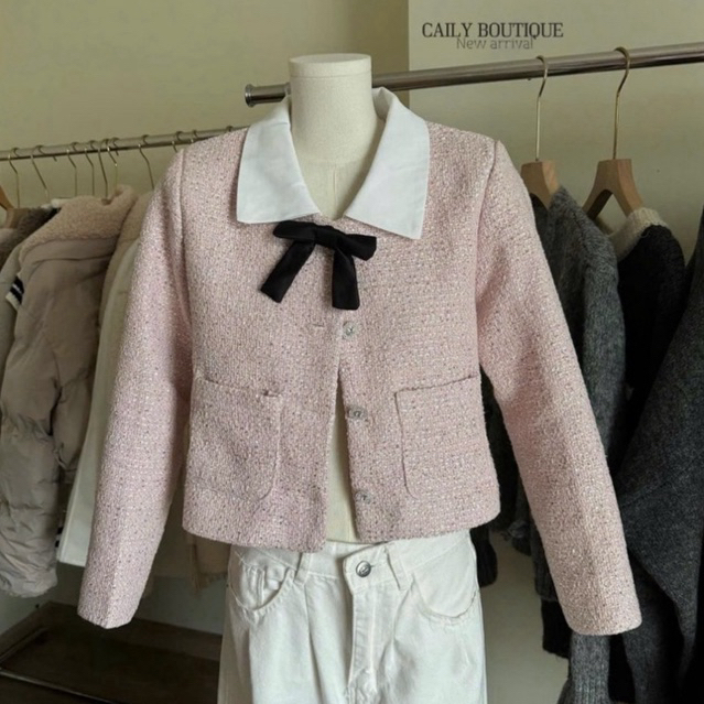 “July Top” Áo khoác dạ tweed kim sa blinh blinh pha cổ sơmi đính tag nơ tiểu thư sang chảnh | MIU.STUDIO