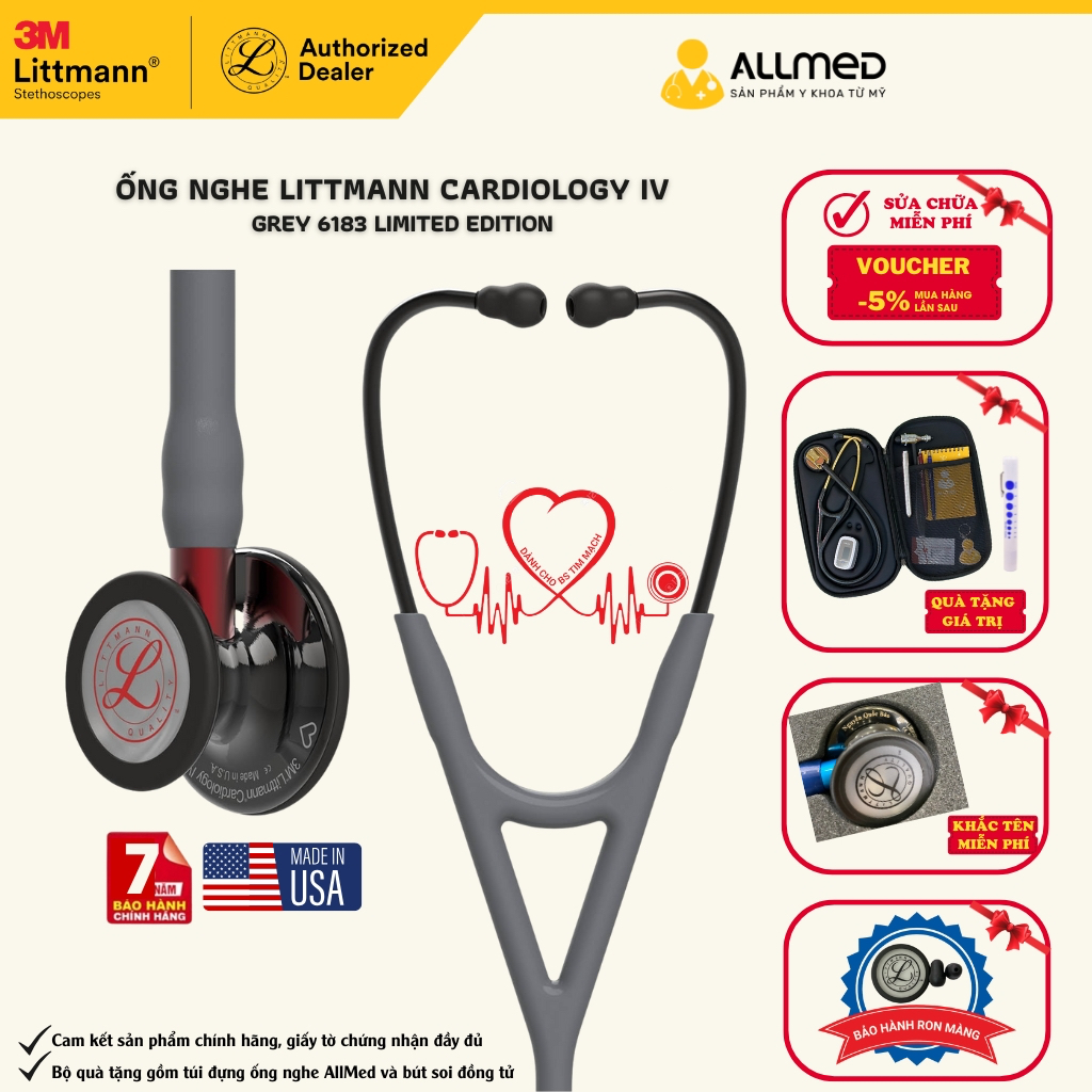Ống nghe Littmann® Cardiology IV ™ màu xám, gương đen, Smoke Red 6182 ...