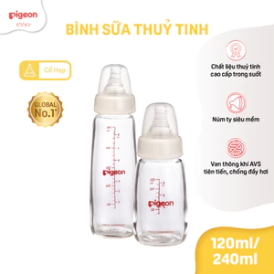 Bình sữa Thủy Tinh cổ hẹp Pigeon núm ti silicone siêu mềm chống sặc đầy hơi cho bé sơ sinh