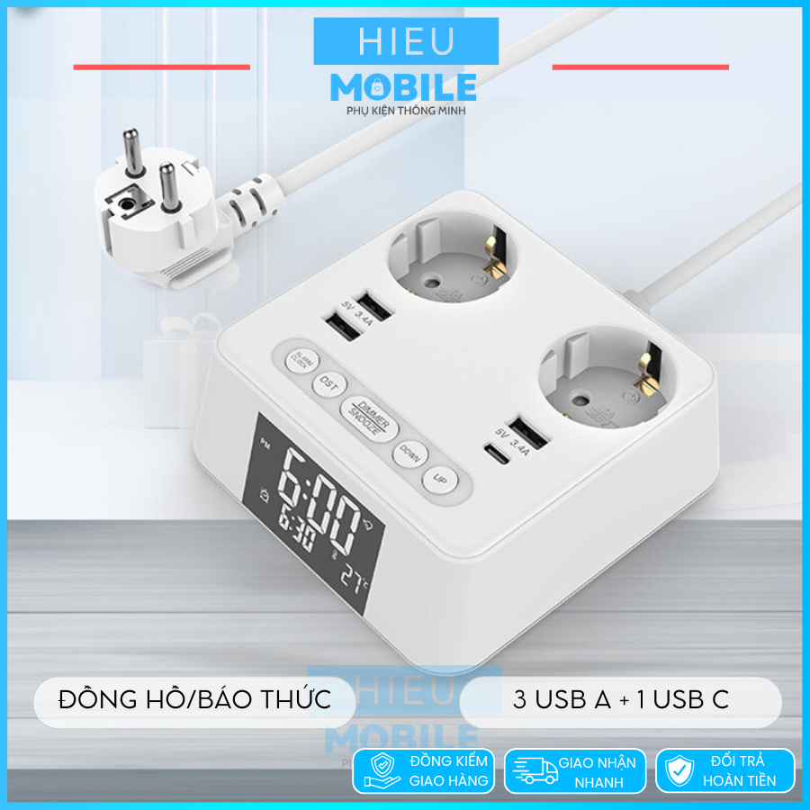 Trạm sạc mini ổ điện để bàn có đồng hồ LED báo thức, cổng sạc USB A và Type C (OG-169)