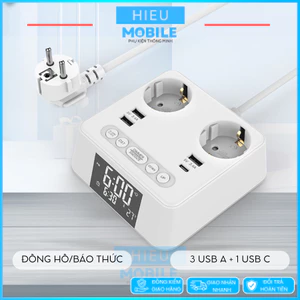 Trạm sạc mini ổ điện để bàn có đồng hồ LED báo thức, cổng sạc USB A và Type C (OG-169)