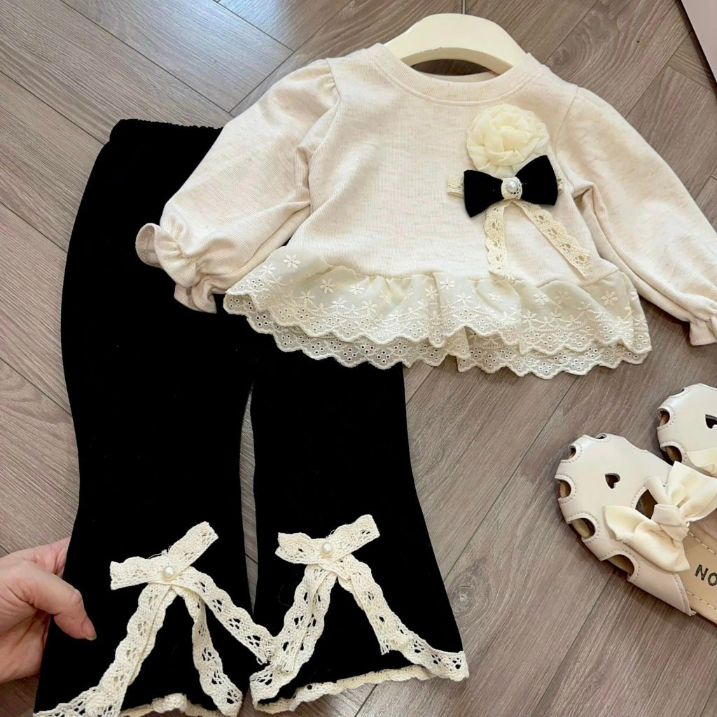 Bộ Đồ Áo Đính Hoa Viền Bèo Phối Quần Loe Chất Tăm Lông Thỏ xinh xắn cho ...
