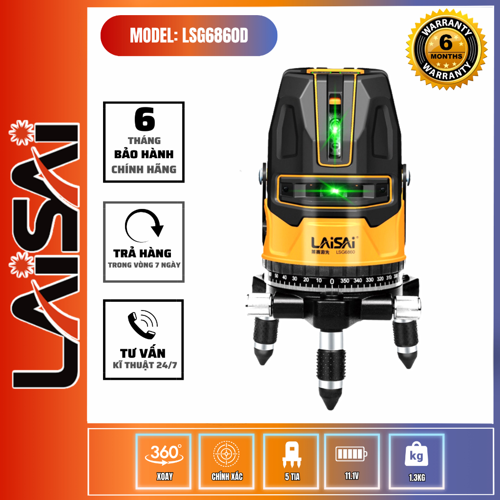 Máy laser cân bằng 5 tia xanh LAiSAi LSG6860D 3 chế độ chiếu tia, chế độ khóa tia chính xác