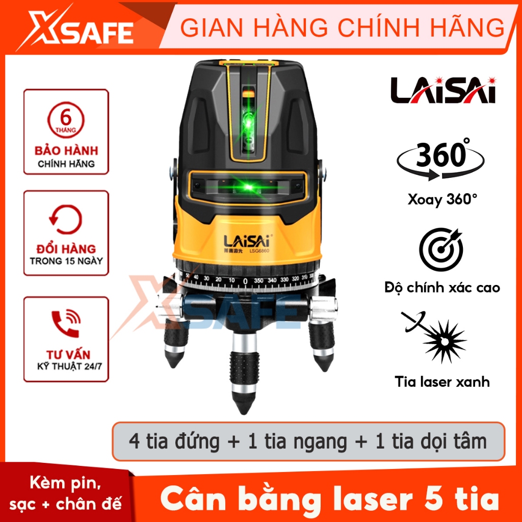 Máy laser cân bằng 5 tia xanh LAiSAi LSG6860D 3 chế độ chiếu tia, chế độ khóa tia chính xác