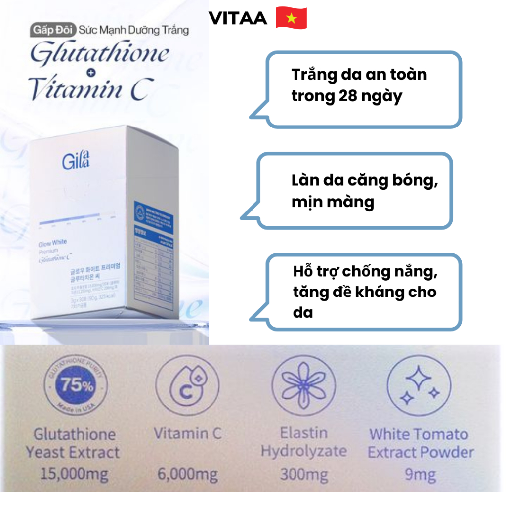 Ảnh Bột ngậm trắng da Glutathione C ngậm dưới lưỡi GILAA giúp mờ sạm nám, tăng đàn hồi 30 gói 2