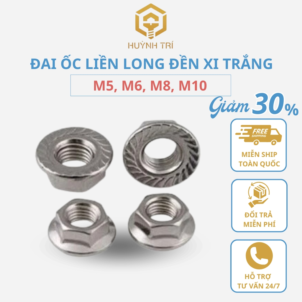 Đai ốc, tán liền long đền, tán bông xi trắng M5, M6, M8, M10 mạ kẽm