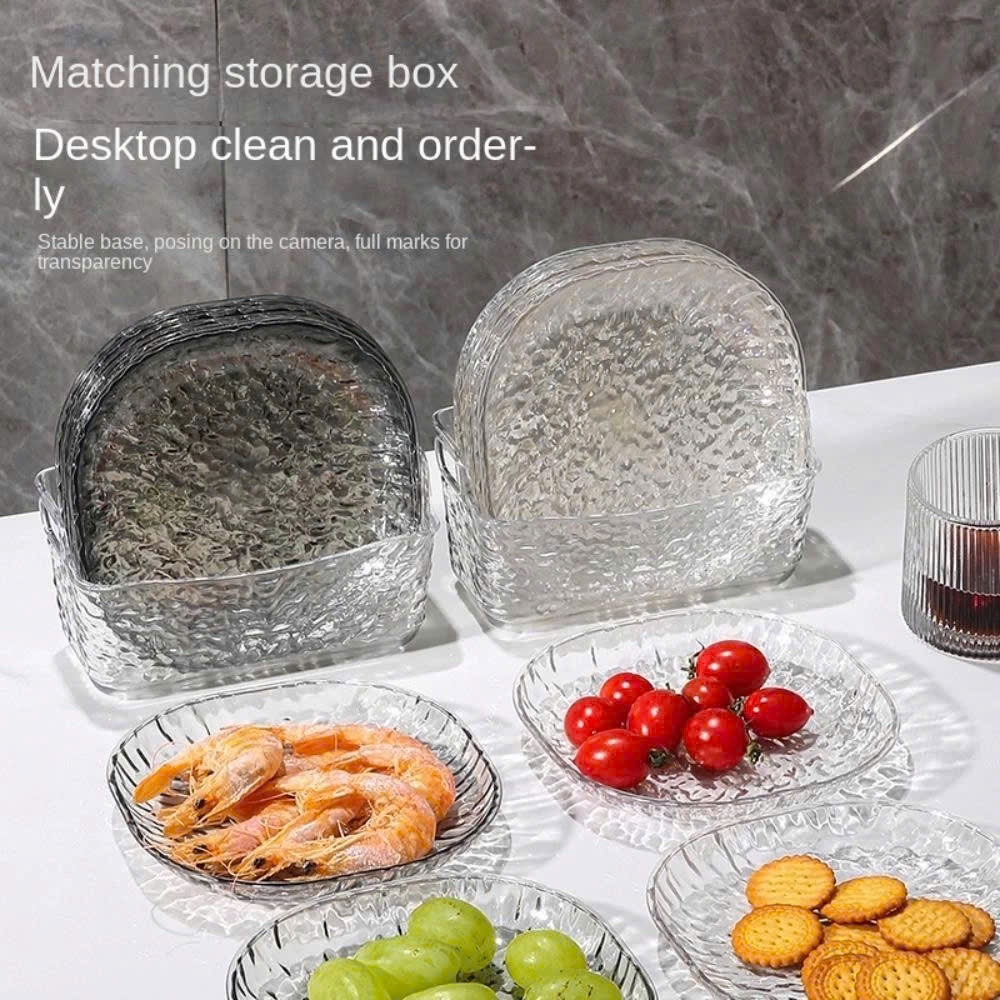 Set 8 đĩa vuông lòng sâu trong suốt vân kim cương kèm đế đựng chất liệu nhựa sang trọng đựng quả, đồ ăn tiện lợi