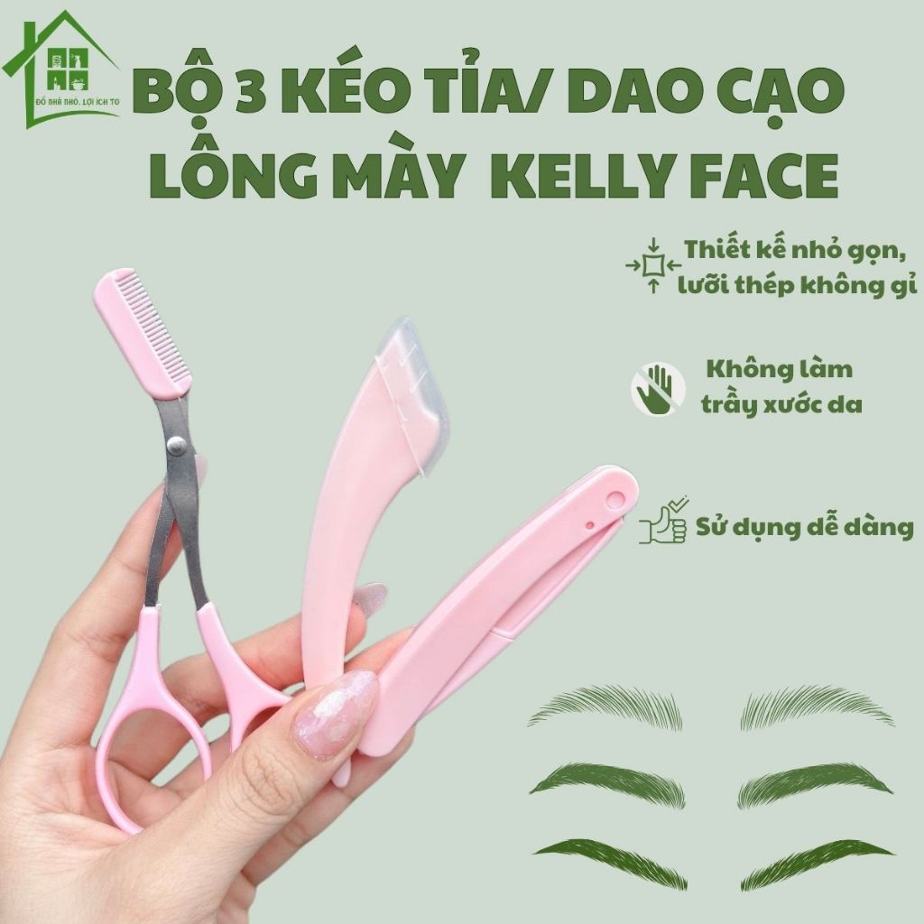 Dao cạo lông mày 3 món lưỡi thép nhà Kelly gồm kéo tỉa chân mày, bộ dụng cụ 2 dao cạo tỉa lông mày.