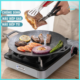 Chảo đá nướng thịt chống dính hàn quốc chảo gang nướng thịt không dầu bếp từ bếp ga vỉ nướng BBQ size 34cmm Chảo đá