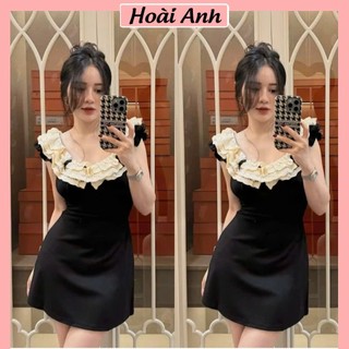 Váy Umi Đen Sát Nách Dáng Ngắn Phối Cổ Ren Đầm Nữ Sang Chảnh