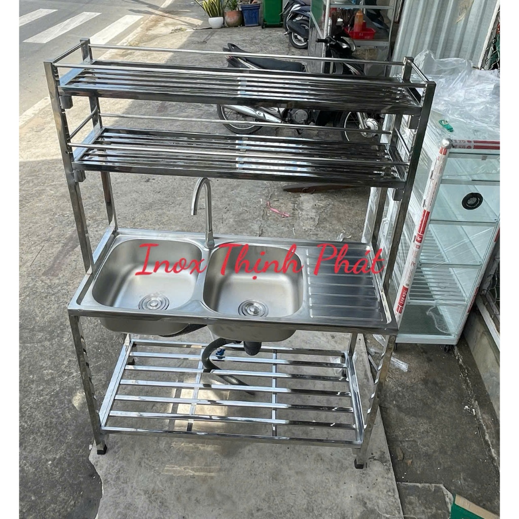Trọn Bộ Chậu Rửa Xếp Gọn Inox Có Vòi Đầy Đủ Phụ Kiện 2 Hộc 1 Lá 45x106 Cm Kèm Kệ 2 Tầng