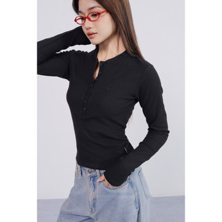 THEKIM Áo thun dài tay cổ tròn cúc ngực , chất liệu Rib Cloud 100% cotton vải dày mềm mịn T259