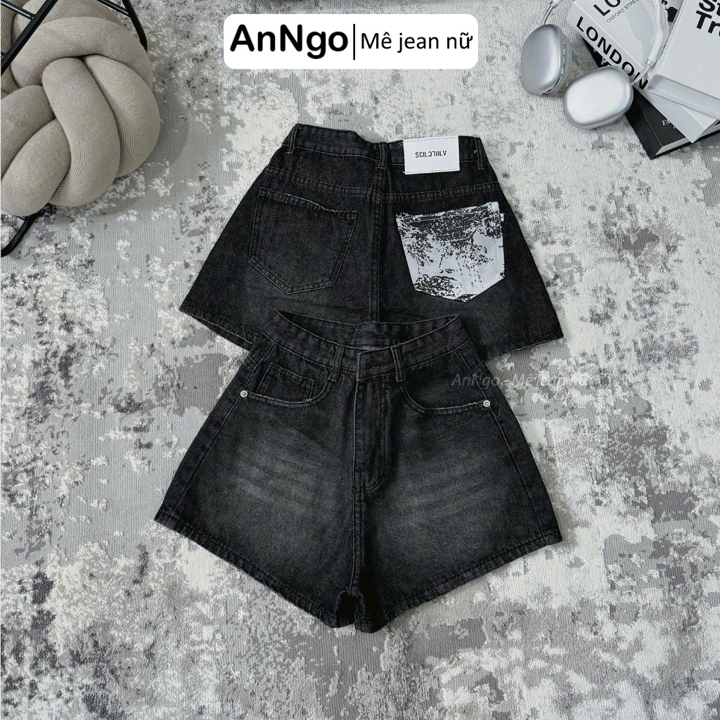 Quần short jean nữ loang màu cách điệu túi sau cá tính Anngo - AT501