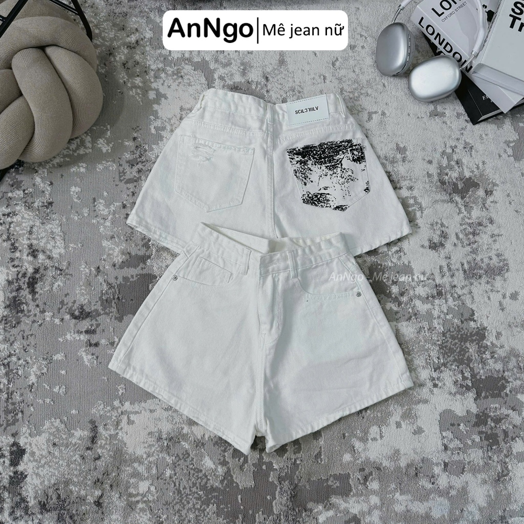 Quần short jean nữ loang màu cách điệu túi sau cá tính Anngo - AT501