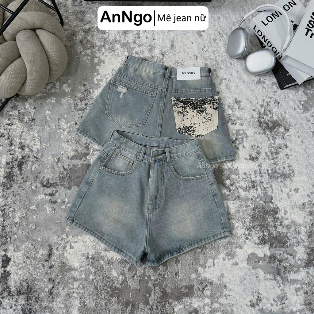 Quần short jean nữ loang màu cách điệu túi sau cá tính Anngo - AT501