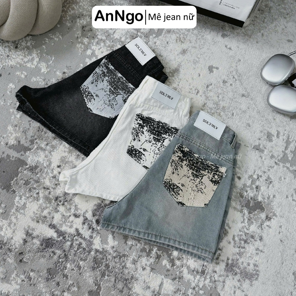 Quần short jean nữ loang màu cách điệu túi sau cá tính Anngo - AT501