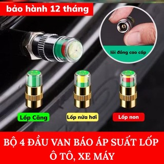 Bộ 4 Đầu Van Báo Áp Suất Lốp Xe Máy, Ô Tô Lõi Đồng Cao Cấp 3 Màu Hiển Thị Kiểm Tra Dễ Dàng Bằng Mắt