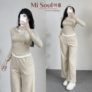 Set Len Dài Tay Nữ Len Lông Thỏ, Bộ Thu Đông Có Mũ Cúc Cổ Phối Viền Trắng Nhún Eo Mix Quần Suông Dài BigSize 336