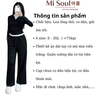 Set Len Dài Tay Nữ Len Lông Thỏ, Bộ Thu Đông Có Mũ Cúc Cổ Phối Viền Trắng Nhún Eo Mix Quần Suông Dài BigSize 336
