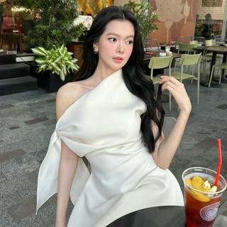 [V1.834] Váy Thiết Kế Lệch Vai Buộc Nơ Chiết Eo Dáng Xoè Sang Chảnh 2 Màu
