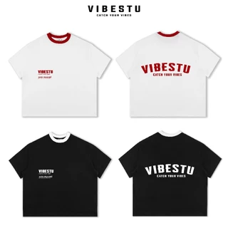 Áo Thun Local Brand Logo VIBESTU Phối Cổ Boxy Form Rộng Unisex 250Gsm 100% Cotton
