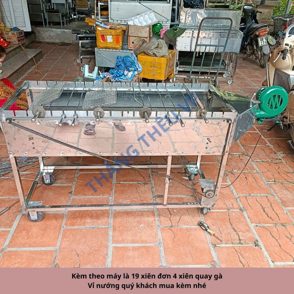 Máy nướng thịt chả quay gà vịt tự động inox 19 xiên tặng kèm 19 xiên đơn và 4 xiên quay gà