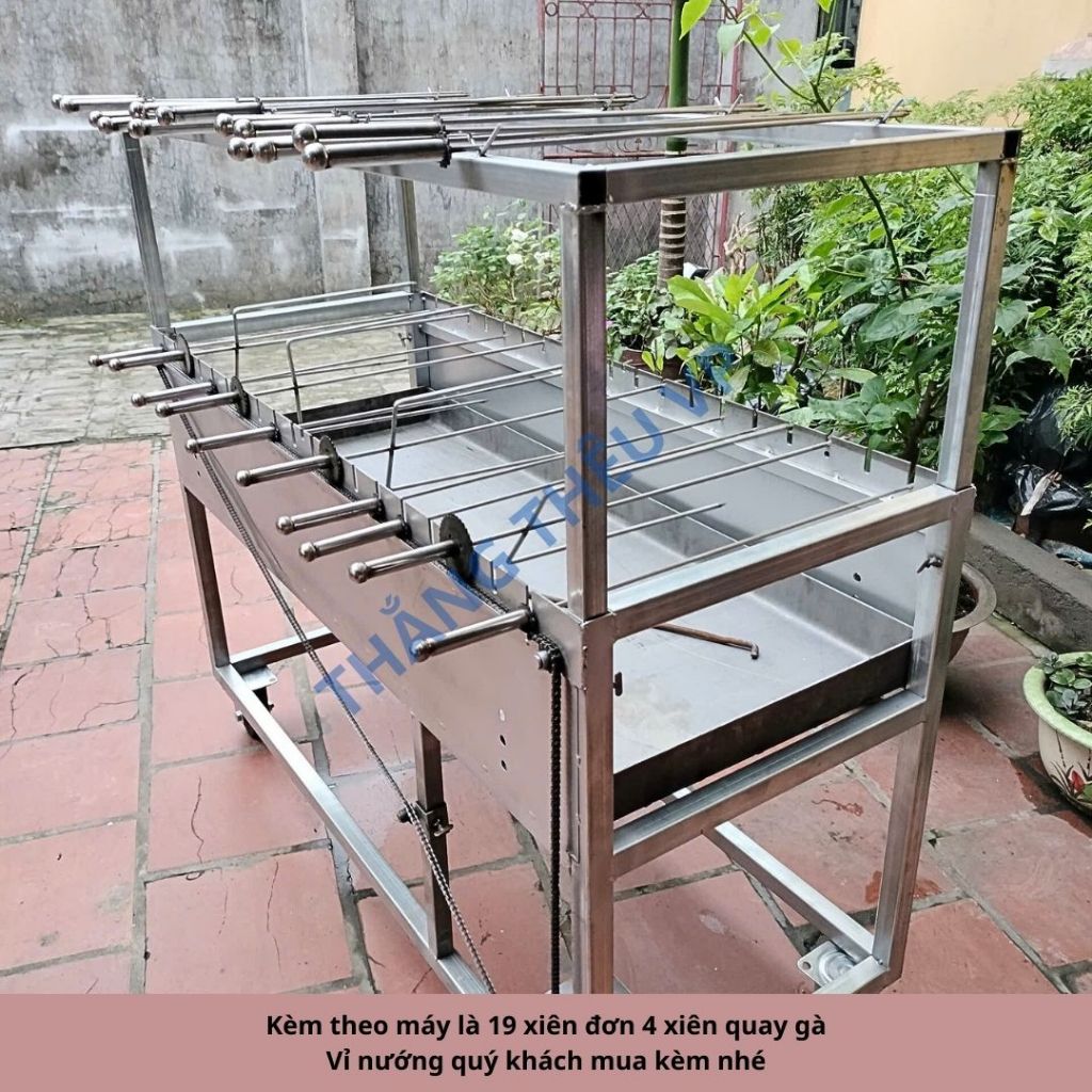 Máy nướng thịt chả quay gà vịt tự động inox 19 xiên tặng kèm 19 xiên đơn và 4 xiên quay gà