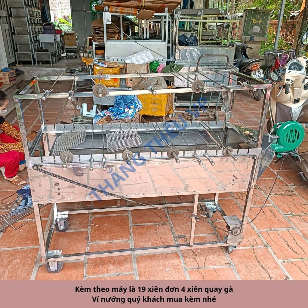Máy nướng thịt chả quay gà vịt tự động inox 19 xiên tặng kèm 19 xiên đơn và 4 xiên quay gà