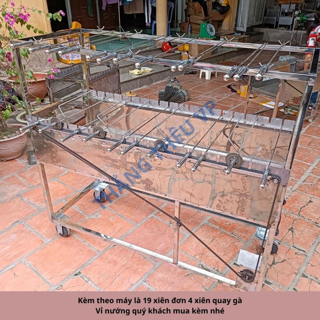 Máy nướng thịt chả quay gà vịt tự động inox 19 xiên tặng kèm 19 xiên đơn và 4 xiên quay gà