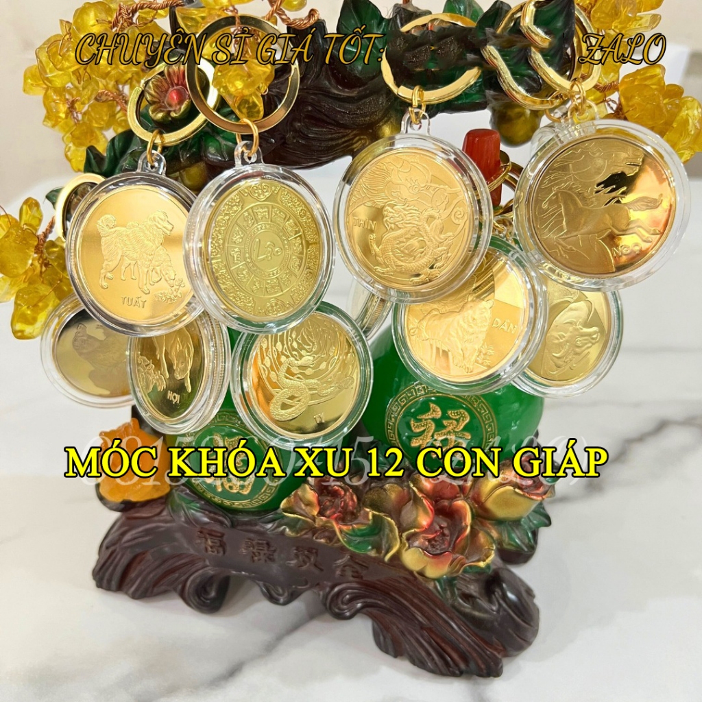 Móc Khóa Đồng Xu 12 Con Giáp Mạ Vàng Treo Oto, Xe Máy Phong Thủy