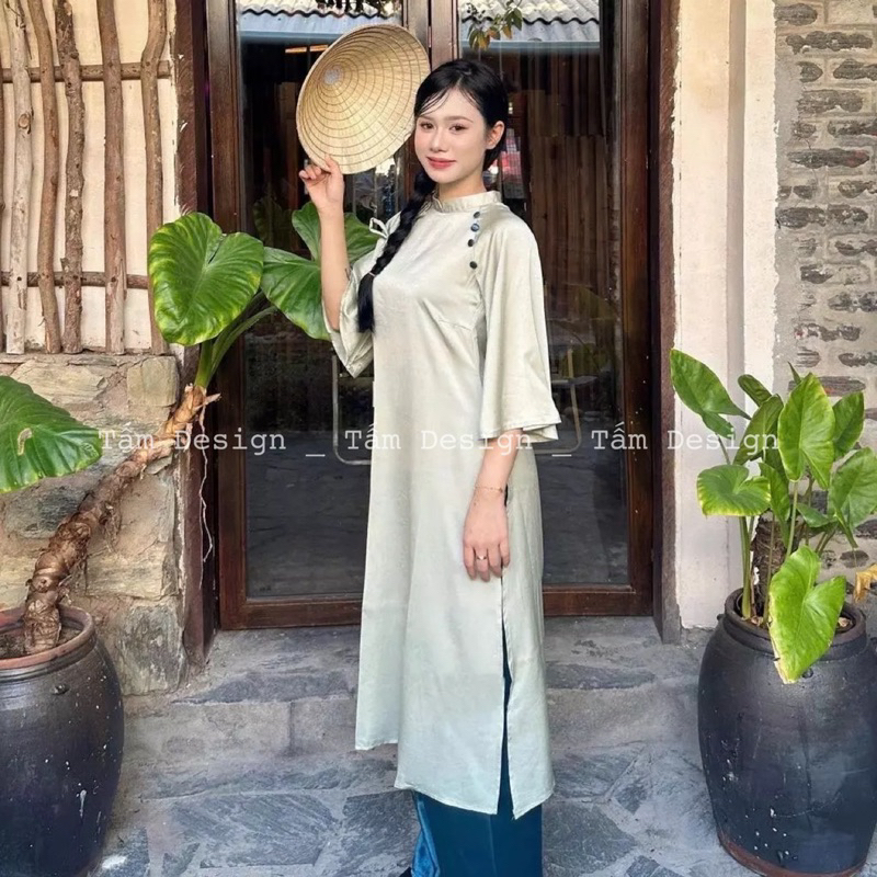 Áo dài Vân Du lụa trơn kèm quần lụa, áo dài cúc bọc cổ buộc nơ vải trơn kèm quần